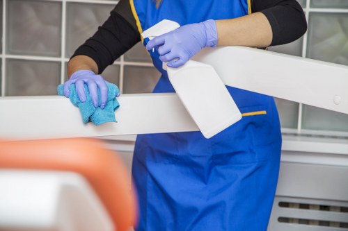 A clean office environment with sanitized workspaces and polished floors