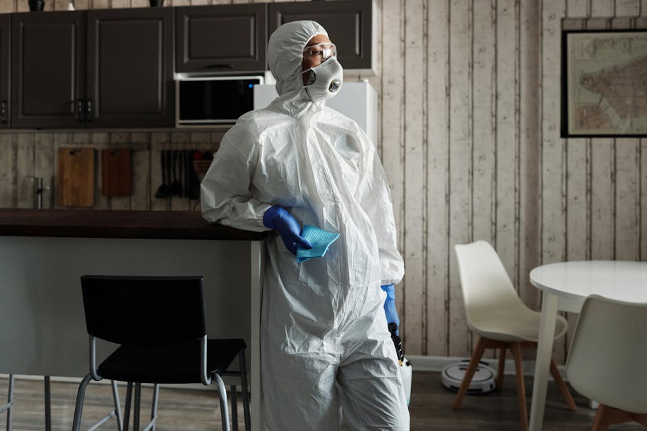 A worker dressed in dark blue protective clothing and a face mask operates a high-pressure water jet or steam cleaner on the exterior wall of a building, with a hose attached to a portable cleaning un